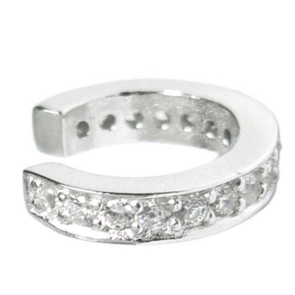 Rhodium on Sterling Silver Round Ring Clear CZ Crystal Pave Cuff Earring / Ear Wrap - Large