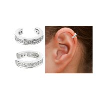 Rhodium on Sterling Silver Round Ring Clear CZ Crystal Pave Cuff Earring / Ear Wrap - Large