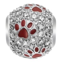 Rhodium on Sterling Silver Swarovski Crystal Red Puppy Dog Paw Bead f/ European Charm Bracelet