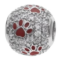 Rhodium on Sterling Silver Swarovski Crystal Red Puppy Dog Paw Bead f/ European Charm Bracelet