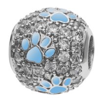 Rhodium on Sterling Silver Swarovski Crystal Blue Puppy Dog Paw Bead F/ European Charm Bracelet