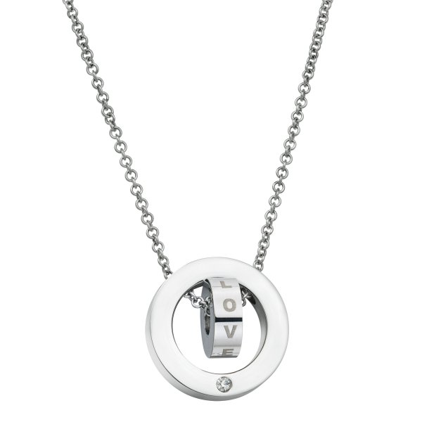 316 Stainless Steel Personalized Dual Ring Love Dangle Charm Rolo Chain Necklace, 18"+1" Extender