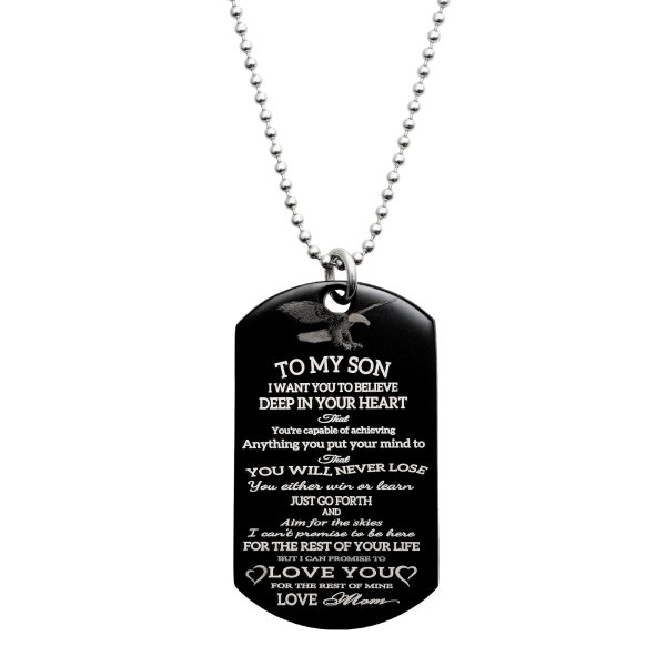 To My Son Fr Mom Love Note Personalized Text Engraved Stainless Steel W/custom Dog Tag Military Pendant, 24'' Necklace