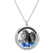 Engraved Personalized Photo Floating Blue Crystals Necklace Pendant