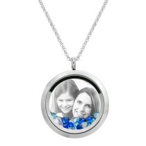 Engraved Personalized Photo Floating Blue Crystals Necklace Pendant