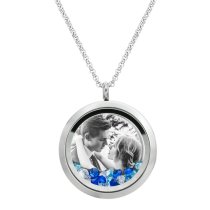 Engraved Personalized Photo Floating Blue Crystals Necklace Pendant