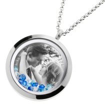 Engraved Personalized Photo Floating Blue Crystals Necklace Pendant