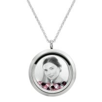 Engraved Personalized Photo Floating Pink Crystals Necklace Pendant