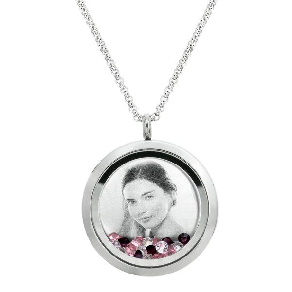 Engraved Personalized Photo Floating Pink Crystals Necklace Pendant