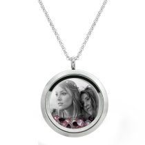 Engraved Personalized Photo Floating Pink Crystals Necklace Pendant