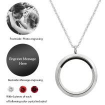 Engraved Personalized Photo + Message Engraving Floating Red Crystals Necklace Pendant