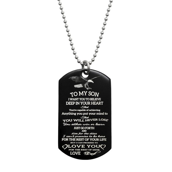 To My Son Fr Dad Love Note Personalized Text Engraved Stainless Steel Custom Dog Tag Military Pendant, 24'' Necklace