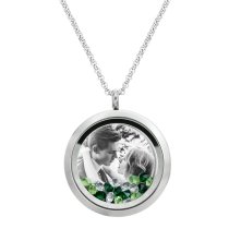 Stainless Steel Personalize Photo Engraved Round Floating Green Crystal Locket Necklace Pendant, 30mm