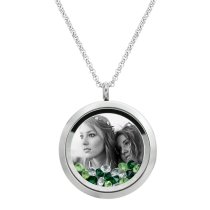 Stainless Steel Personalize Photo Engraved Round Floating Green Crystal Locket Necklace Pendant, 30mm