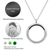 Stainless Steel Personalize Photo Engraved Round Floating Green Crystal Locket Necklace Pendant, 30mm