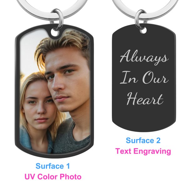 Full Color Photo Printing + Laser Engraved Personalized Message Stainless Steel Custom Dog Tag Key Chain - Handmade- Black
