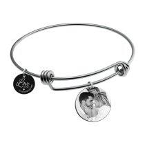 Qina C. Love You to the Moon and Back Personalized Text Engraving Dangle Charm Adjustable Wire Bangle Bracelet Inspirational Gift