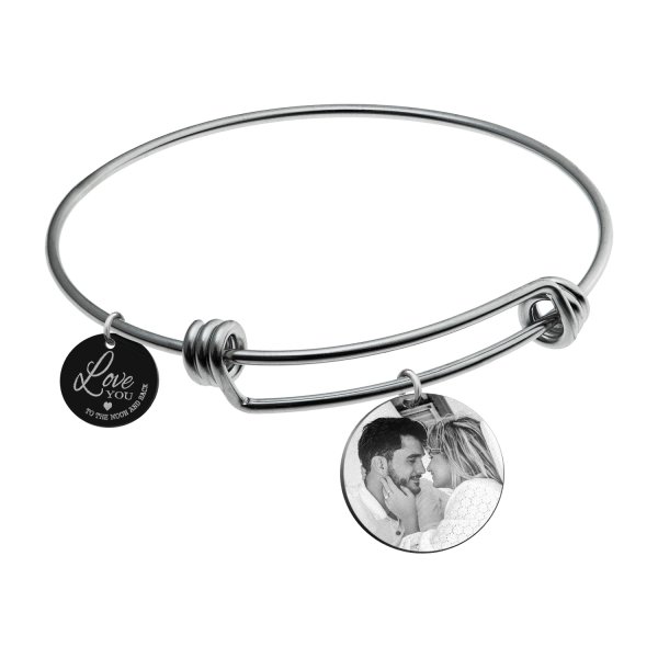 Qina C. Love You to the Moon and Back Personalized Text Engraving Dangle Charm Adjustable Wire Bangle Bracelet Inspirational Gift