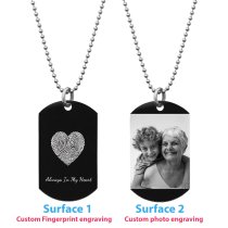 Stainless Steel Personalized Fingerprint + Photo Engraving Custom Dog Tag w/ Dot Ball Chain Necklace 24" - Handmade