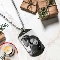 Stainless Steel Personalized Fingerprint + Photo Engraving Custom Dog Tag w/ Dot Ball Chain Necklace 24" - Handmade