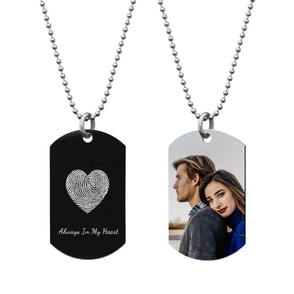 Full Color Photo Printing + Heart Fingerprint Laser Engraved Personalized Message Stainless Steel Dog Tag w/ Dot Ball Chain Necklace 24" - Handmade