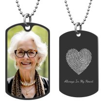 Full Color Photo Printing + Heart Fingerprint Laser Engraved Personalized Message Stainless Steel Dog Tag w/ Dot Ball Chain Necklace 24" - Handmade