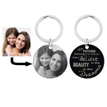 Stainless Steel Personalized Photo Text Round Dog Tag Keychain Believe in the Beauty of the Dreams