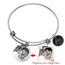 Qina C. Love You to the Moon and Back Personalized One Photo and One Message Engraving Dangle Charm Adjustable Wire Bangle Bracelet Inspirational Gift