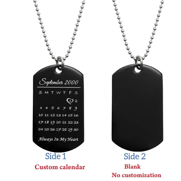 Custom Engraved Personalized Calendar Date Memorial Text Stainless Steel Dog Tag Pendant with Ball Chain Necklace 24 in