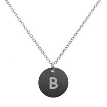 Engraved Metal Initial Letter Disc Pendant Chain Necklace 18.5 in + 2.5 in - B - Black Two Tone