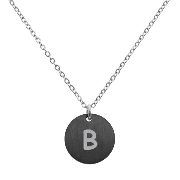 Engraved Metal Initial Letter Disc Pendant Chain Necklace 18.5 in + 2.5 in - B - Black Two Tone
