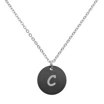 Engraved Metal Initial Letter Disc Pendant Chain Necklace 18.5 in + 2.5 in - C - Black Two Tone