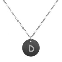 Engraved Metal Initial Letter Disc Pendant Chain Necklace 18.5 in + 2.5 in - D - Black Two Tone