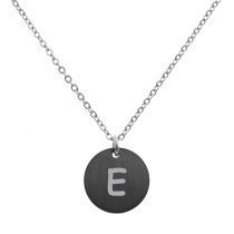 Engraved Metal Initial Letter Disc Pendant Chain Necklace 18.5 in + 2.5 in - E - Black Two Tone