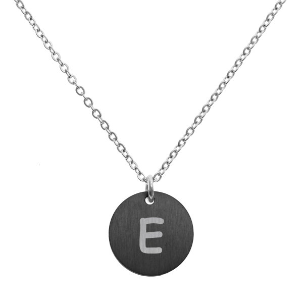 Engraved Metal Initial Letter Disc Pendant Chain Necklace 18.5 in + 2.5 in - E - Black Two Tone