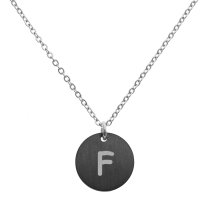 Engraved Metal Initial Letter Disc Pendant Chain Necklace 18.5 in + 2.5 in - F - Black Two Tone