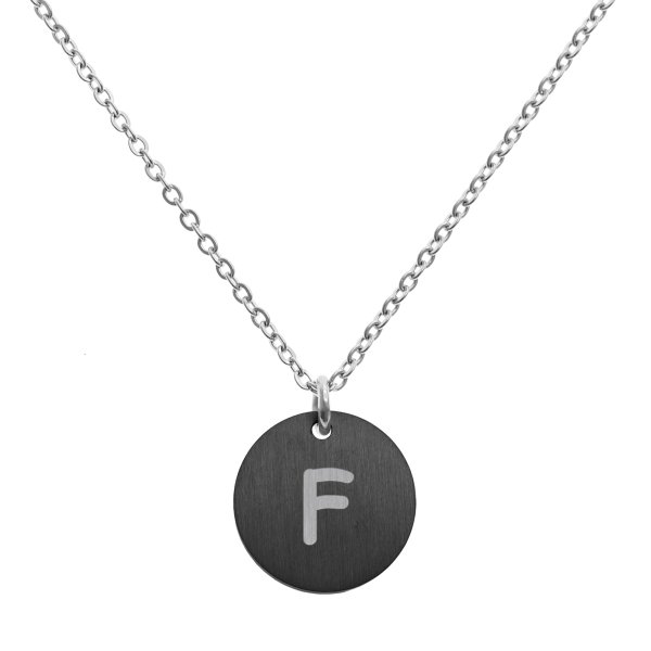 Engraved Metal Initial Letter Disc Pendant Chain Necklace 18.5 in + 2.5 in - F - Black Two Tone