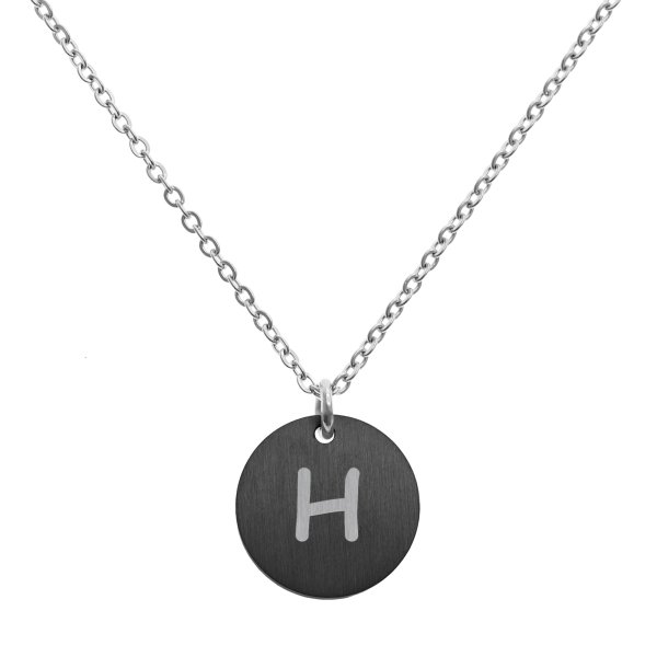 Engraved Metal Initial Letter Disc Pendant Chain Necklace 18.5 in + 2.5 in - H - Black Two Tone