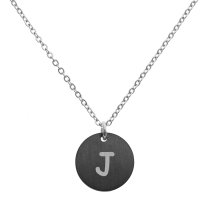Engraved Metal Initial Letter Disc Pendant Chain Necklace 18.5 in + 2.5 in - J - Black Two Tone