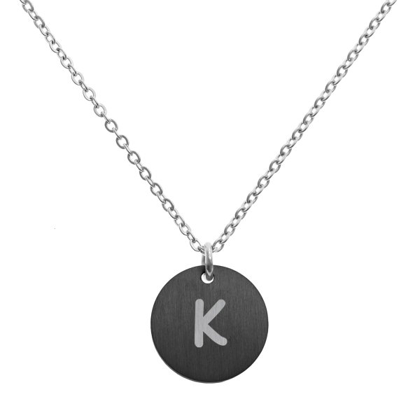 Engraved Metal Initial Letter Disc Pendant Chain Necklace 18.5 in + 2.5 in - K - Black Two Tone