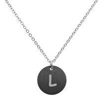 Engraved Metal Initial Letter Disc Pendant Chain Necklace 18.5 in + 2.5 in - L - Black Two Tone