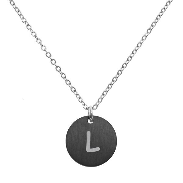 Engraved Metal Initial Letter Disc Pendant Chain Necklace 18.5 in + 2.5 in - L - Black Two Tone