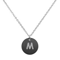 Engraved Metal Initial Letter Disc Pendant Chain Necklace 18.5 in + 2.5 in - M - Black Two Tone