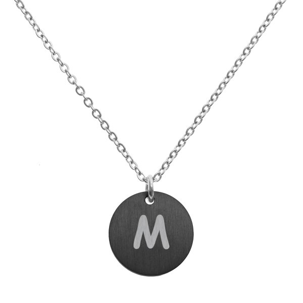 Engraved Metal Initial Letter Disc Pendant Chain Necklace 18.5 in + 2.5 in - M - Black Two Tone