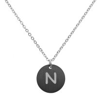Personalized Engraved Metal Initial Letter Disc Pendant Chain Necklace 18.5 in + 2.5 in - N - Black Two Tone