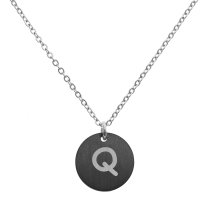 Engraved Metal Initial Letter Disc Pendant Chain Necklace 18.5 in + 2.5 in - Q - Black Two Tone