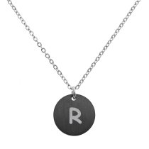 Engraved Metal Initial Letter Disc Pendant Chain Necklace 18.5 in + 2.5 in - R - Black Two Tone