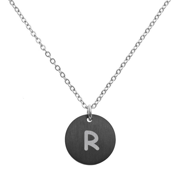 Engraved Metal Initial Letter Disc Pendant Chain Necklace 18.5 in + 2.5 in - R - Black Two Tone