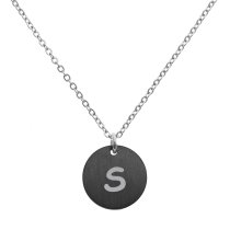 Engraved Metal Initial Letter Disc Pendant Chain Necklace 18.5 in + 2.5 in - S - Black Two Tone