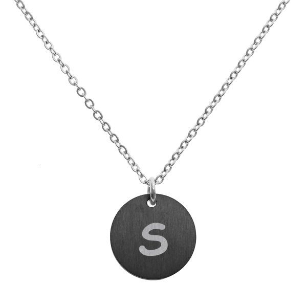 Engraved Metal Initial Letter Disc Pendant Chain Necklace 18.5 in + 2.5 in - S - Black Two Tone